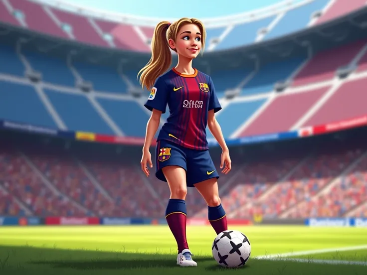 A detailed cartoon-style image of Ewa Pajor, a football player for FC Barcelona, on a soccer field. She is wearing the iconic FC Barcelona uniform, with a deep blue and garnet red jersey featuring subtle club motifs like the Barça logo and striped patterns...