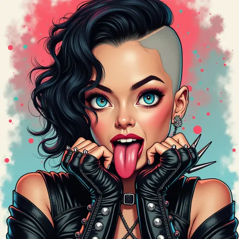 Illustration of an artistic painting of a woman who has shaved hair with a long wavy black side and with neon red highlights is sticking out her tongue, has blue eyes and wears rockery clothing with leather gloves with studs and spikes fingers outside 