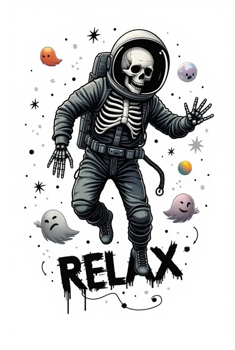 on a white wall background  ,  a black shirt , The print on the shirt is of a drawing of a skeleton in an astronaut costume floating in space.  with the phrase RELAX written in ghostly capital letters below   , Its for my clothing brand  . with lines, colo...