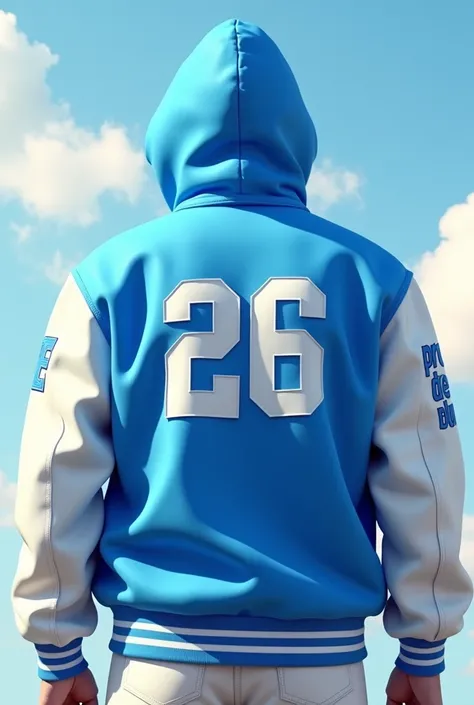 varsity jacket sky blue and white sleevs on the back write "26" and on front right side write "Proud to be blue"