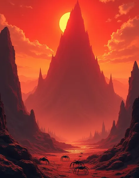 anime style,  Imagine a scenario on a large and spacious red mountain,  with several parts that look like pointed claws , The sky is orange, And the sun is visible ,  there are some black spiders walking on the ground few .