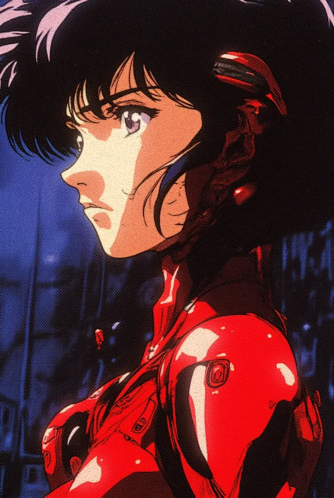 (absurdresolution)), masterpiece, best quality, 1990s \(style\), 1girl, solo, dark blue hair, retro anime style, 90s anime, gain...