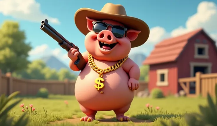 a fat-happy pig, with a shotgun in his hand, a cowboy hat on his head, pig has a golden necklace with a golden dollar sign, a sun glass on his eyes, the environment is farm, 3d cartoon-like graphic style