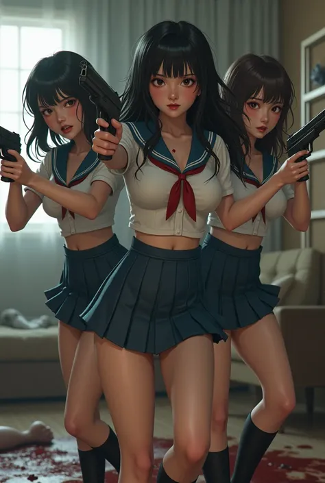 open cleavage busty japanese women school uniform short skirt bare thighs （Holding an AA12 shotgun，Zombie Doom，Water soaked his body..。My hair flows like a forest, middle bust, complicated details, 8K resolution bedroom atmosphere super large boobs open cl...