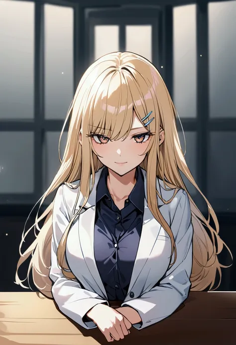  School uniform, white blazer, dark blue shirt, hair clip, 1woman, solo, blond, long hair, shining hair, medium-large breast, facing viewer, subtle smile, arrogant, class background, sitting facing viewer, zoomed out, half body shot,