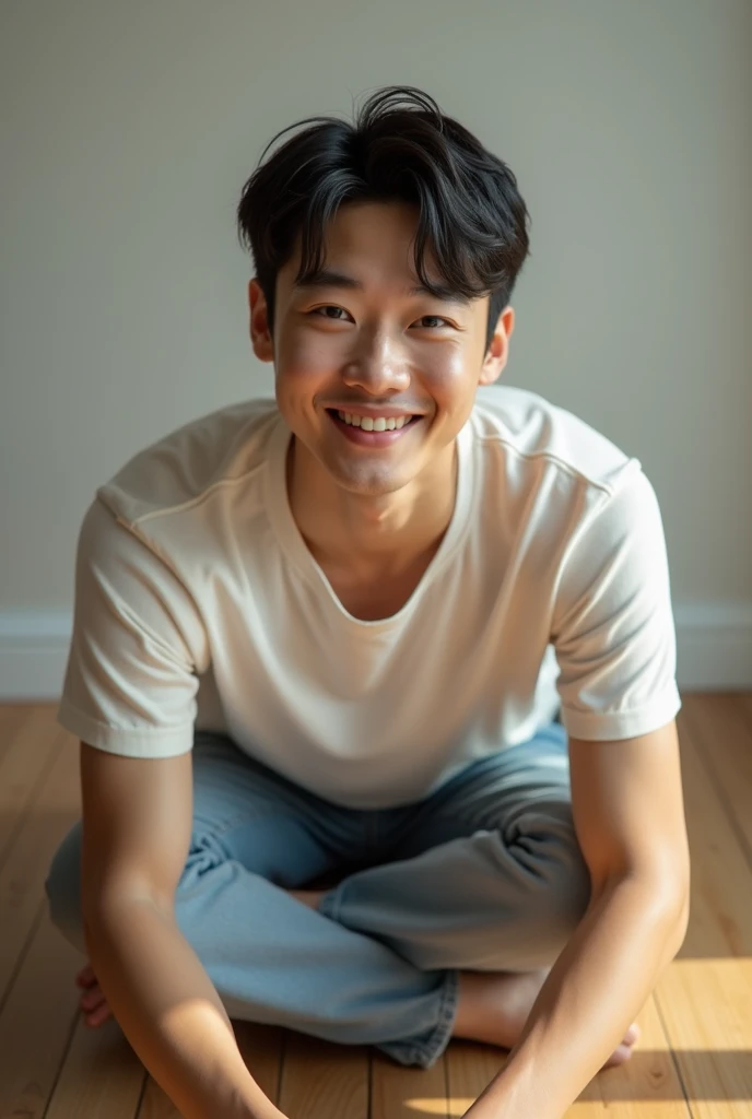 #4260172733 - handsome 25-year-old Korean boy, highly realistic and detail-oriented, sitting on the floor smiling