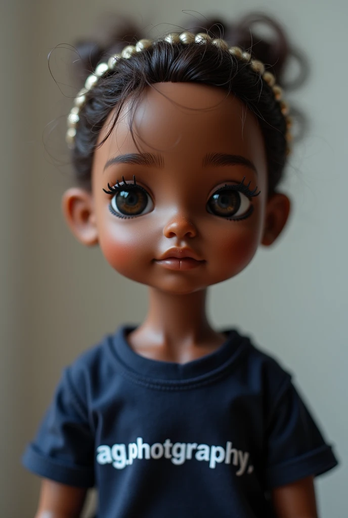  A doll with high chocolate skin ,  with a band ,  with fine lines ,  with normal views .
 With a dark blue shirt written AG-Photography