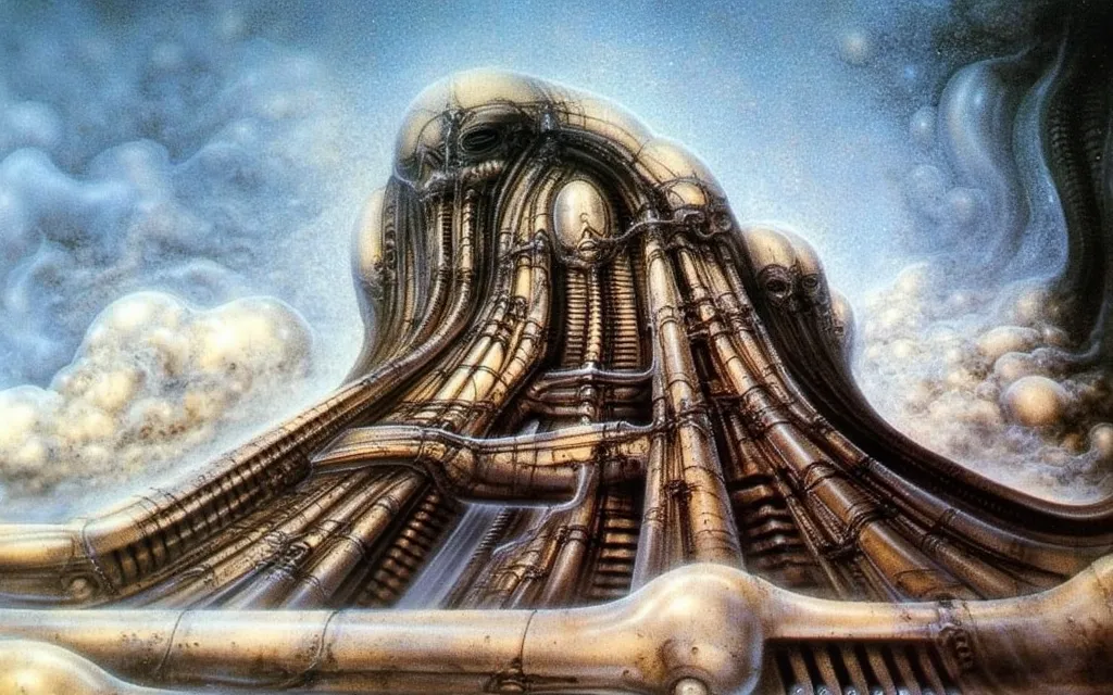 h. r. giger's g1g3r, , giger_style, the image is a detailed view of h.r. giger's \" island of the dead \" plate, featuring (  th...