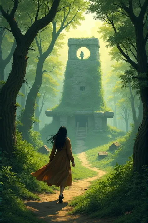 a woman is walking through green forest in front of a stone building, in the style of atey ghailan, speedpainting, katsuhiro otomo, red and bronze, primitive structures, wood, dansaekhwa --ar 3:2 --v 5.1