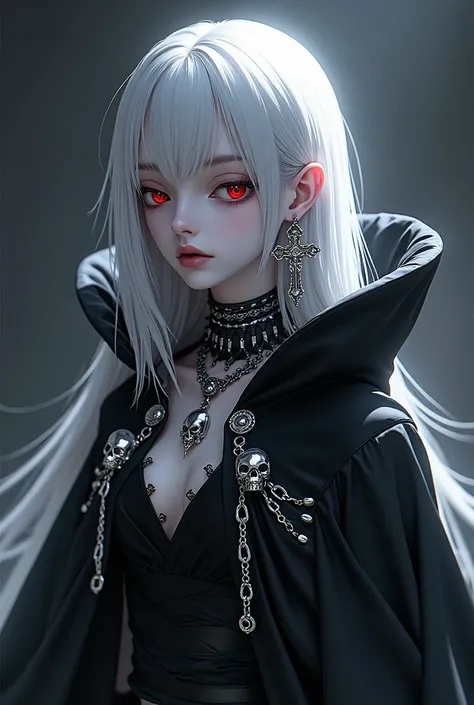 Image is a digital illustration featuring a character with a gothic and mysterious aesthetic. The layout includes two views of the character: a close-up portrait on the left and a full-body profile on the right. The character has long, straight white hair ...