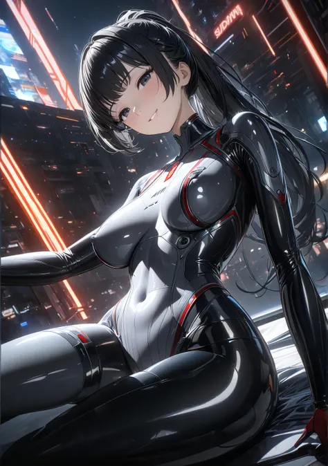  1 girl, Game CG, (( Supreme Masterpiece, masterpiece, 8k,  high definition)), 
Photos taken with a wide-angle lens, 
sleeping, spread legs, legs up, Shy Smile,
On a white clean bed , dark room, 
( android , clear metaric black bodysuit with scarlet and da...