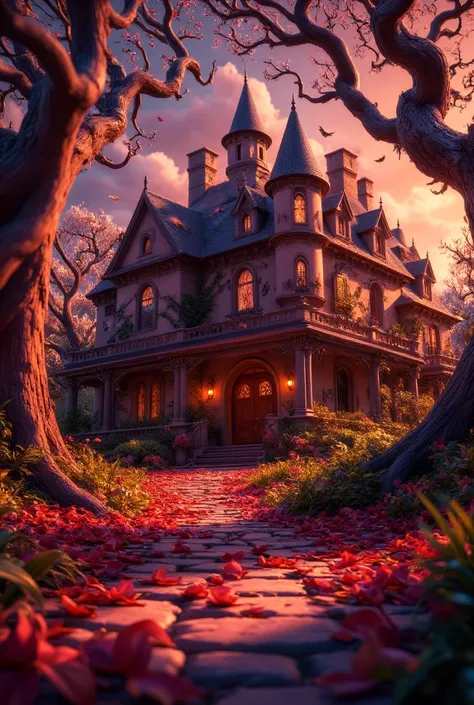 Design an image of the front of a haunted house at dusk, with an eerie, autumn atmosphere. The house should have a spooky appearance, with dim, shadowy lighting, and large trees along a winding path covered in fallen leaves. The trees are bare or nearly ba...