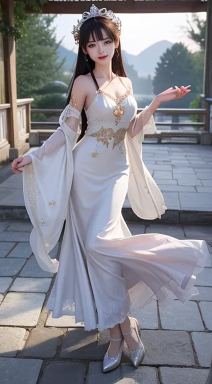 Moonlit landscape，The goddess in costume dressed in Han costume is unique。Her gorgeous costumes sparkle，The skirt swayed in the breeze，It looks elegant and dynamic。There was a playful look in her eyes，It is as if you are at one with this tranquil nature。

...