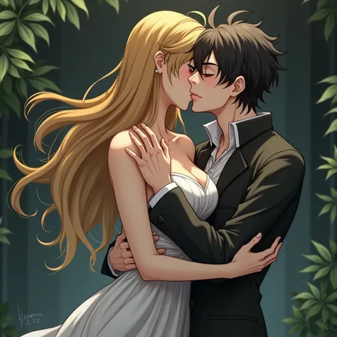 Man with black hair and red eyes kissing a woman with long blonde hair anime version 