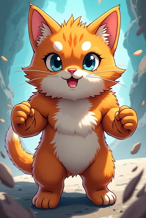 Create an image of a kitten with very strong muscles in Japanese cartoon style anime
