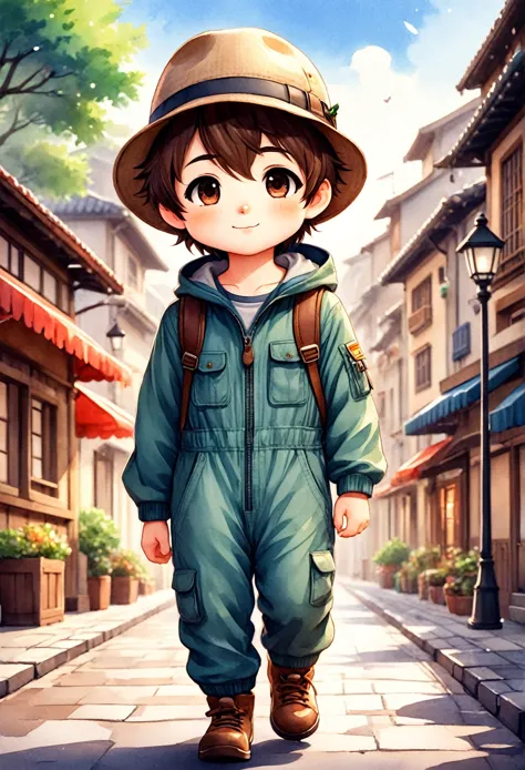 a watercolor illustration cartoon boy wearing a hat and jumpsuit walking,  chibi,  male explorer , cute  , cute art style,  cute...