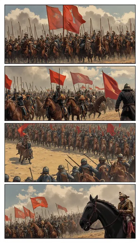 "Storyboard,  comic book panel layout with white border , Multi View,  Immersive , Go Pro , action pose, Panels" A battle between the troops of Vlad the Impaler and the Ottoman army. Dynamic and epic style ,  with a focus on action and movement .  The weap...