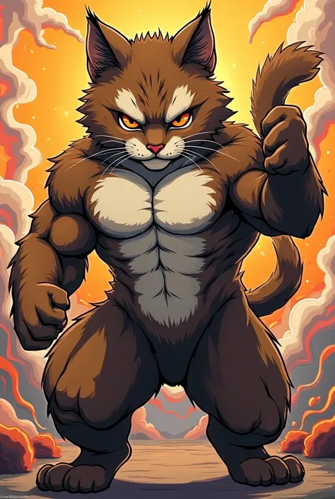 Create an image of a cat with very strong muscles in Japanese cartoon style anime
