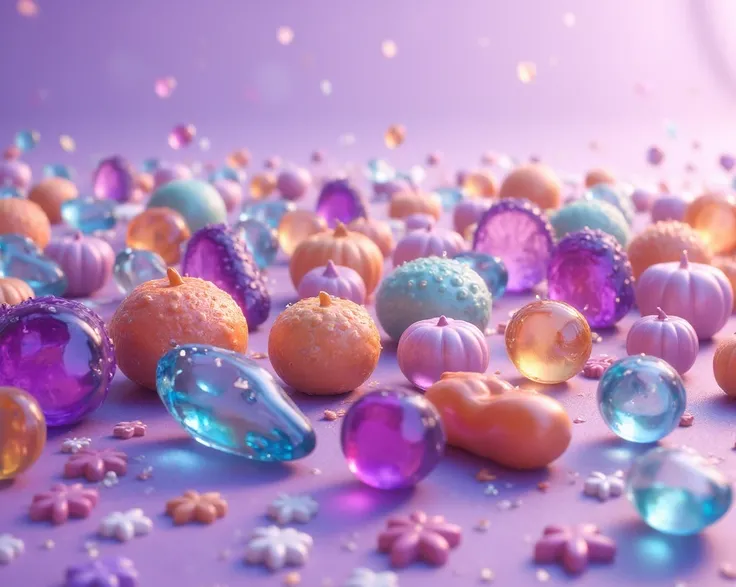 only different candies of purple, blue, aquamarine and pink crystal type on a single background, only light purple. 