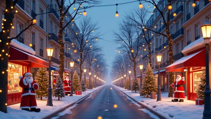 Create a Paris city traffic street scene with the sparks fly on a clear blue Christmas day. Pixar 3D style. No people on the street. The street is decorated with lights, decorations, ornaments, Christmas trees, 2 Santa Claus statues displayed on the sidewa...