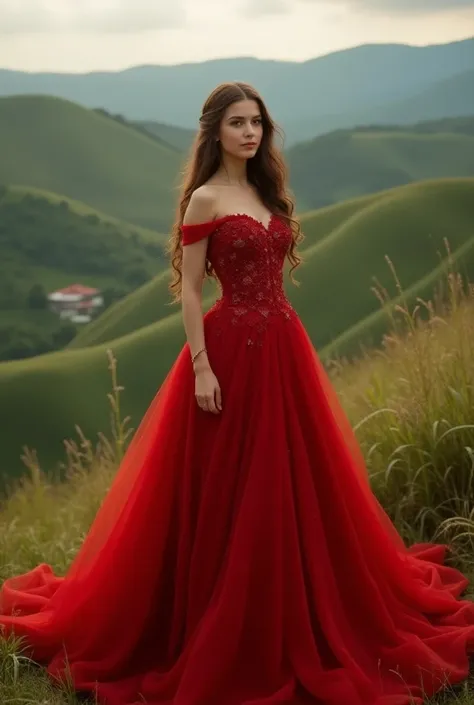 A beautiful gorgeous girl with long hair in red long frak at turkey and having look as like princess