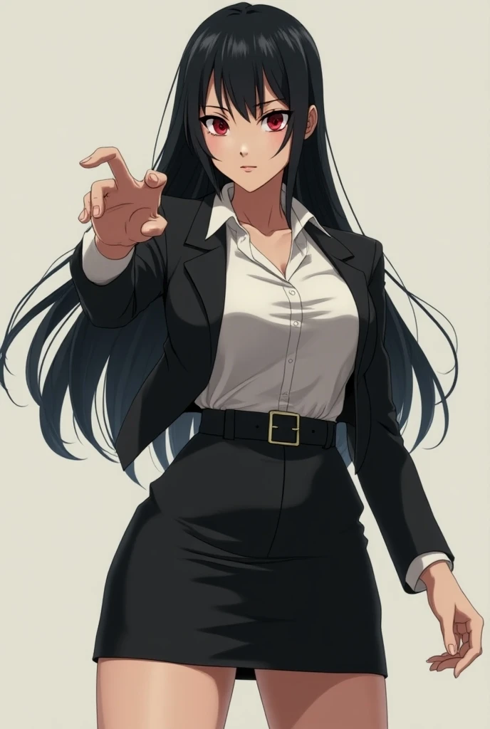  adult and mature woman with a serious and tall anime face,  long straight black hair ,  red eyes , a serious face, Hand pointing forward, giant chest and ass , businesswomans outfit with the skirt and blouse being very short  