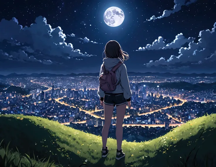 a girl stands on top of a hill looking at the city below, 1girl, solo, scenery, outdoors, shorts, night, moon, city lights, stars