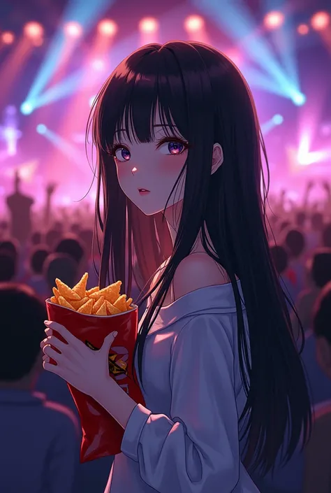 Anime of beautiful girl with long black hair and white skin with doritos at a concert 