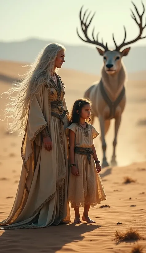 a elderly woman with long flowing silver hair, a young girl walking through a desert landscape, an imposing giant stag with dark fur and massive antlers white glowing lion behind them, detailed ornate robes and elegant clothing, mystical and fantastical at...