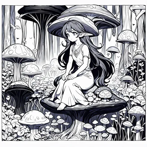 a fairy sitting on a mushroom, coloringbookaf, black and white