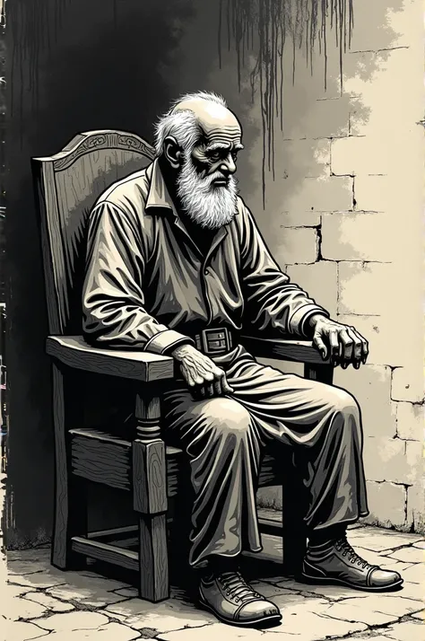  make a woodcut image ,  a simple draft , without light details ,  shade or any realistic detail .  There must be a very wise old man ,  sitting in a chair telling stories,  based on the old man who scared fear . WITHOUT DETAILS OF LIGHT AND SHADE AAAAAAAA...