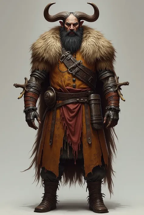  Design an armor for a barbarian called  " Stripe Coat ",  combining the nomadic style Wild and brutal of the steppe warriors , inspirada no “Greataxe of Unbridled Fury” e no “Helm of the Stampede”.  The armor must be of sturdy leather with touches of rust...