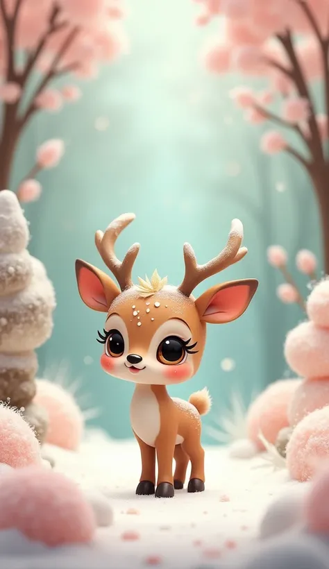 cartoon Disney  mini tiny round beige  baby deer. with huge eyelashes. 
 magical marshmallow winter forest.  marshmallow trees . airy, fantasy,   veil.   powdered sugar falls .  cotton candy clouds . 

pale colors . mint and pink .