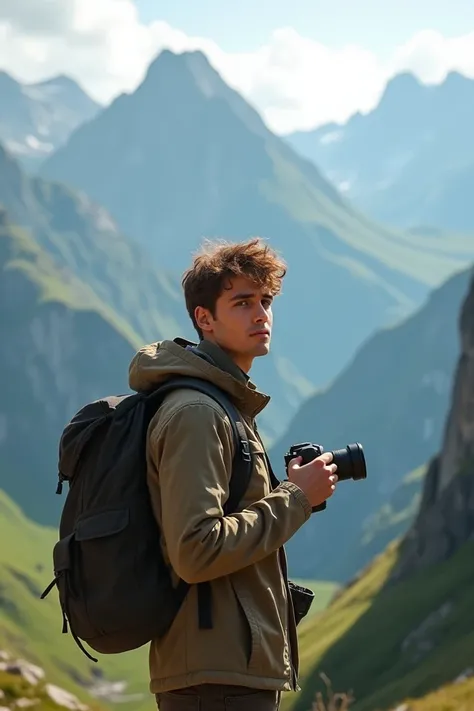 "A young male vlogger standing on a scenic mountain, recording himself with a handheld camera at arms length, speaking seriously to his audience with a focused, thoughtful expression. He is dressed in rugged outdoor clothing, with a small backpack, engagin...