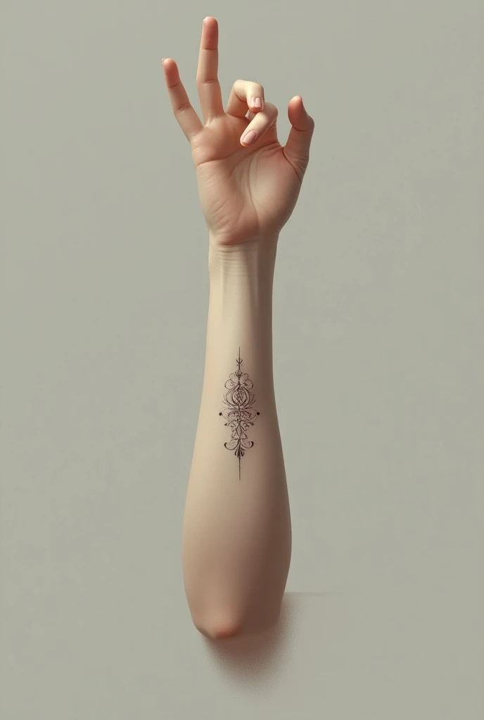 Create me a picture where only one arm can be seen and with ornaments as a very small tattoo on the forearm 