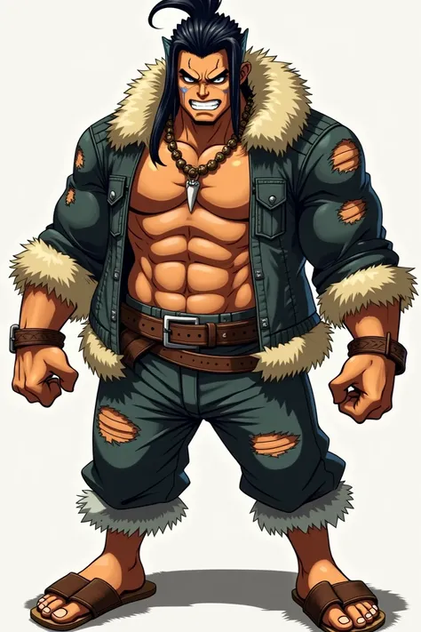 Tall anime character , strong, moreno,  long hair in the middle and shaved on the sides , no beard,  scar on the left eye ,  jacket with fur collar and ripped sleeves, Indian sandal and tooth necklace  