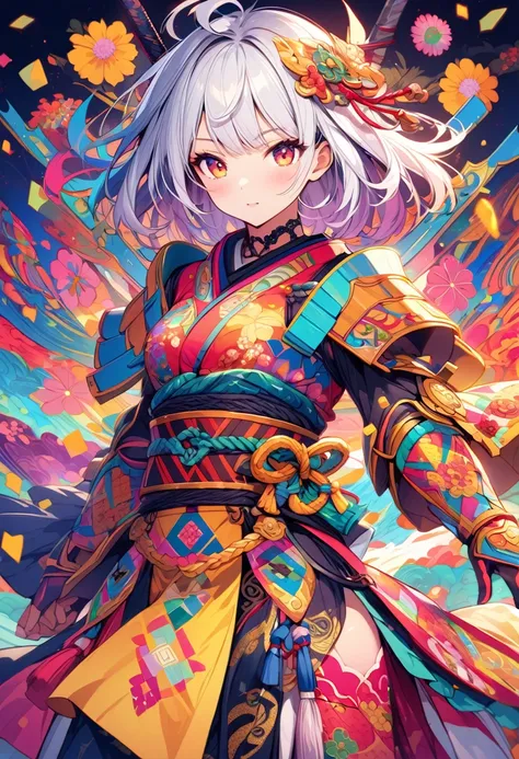 {worst quality, low-quality}, A vibrant and colorful illustration of an anime-style female samurai character with white hair, holding her sword in front of her face. She is wearing traditional Japanese adorned with floral patterns, a backdrop filled with c...