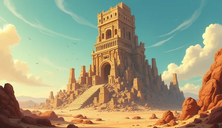 7.	 Portrait of the partially destroyed Tower of Babel, surrounded by the void left by the scattered peoples .in biblical times . create in CLOSE UP AND Disney , Pixar e cartoon 