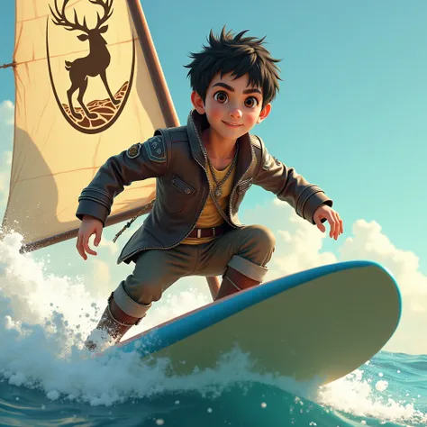 Young black-haired, brown-eyed man wearing a chainmail jacket, while wearing a leather jacket, is riding a surfboard with a sail with a deer as an emblemCabello corto, Cabello negro, Estilo animado, Ilustración, Película, Cinematografía, 