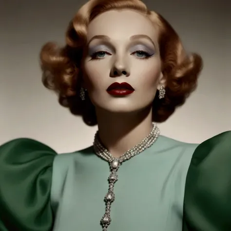 arafed woman with a necklace and earrings in a green dress, inspired by George Hurrell, by George Hurrell, inspired by Galen Dara, by Yousuf Karsh, by Allan Linder, vintage makeup, portrait, 1930s style clothing, inspired by Vint Lawrence, inspired by Yous...