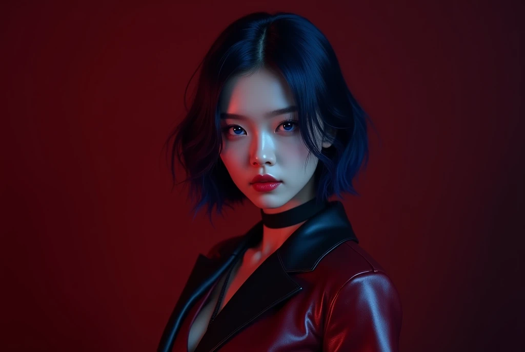 A girl with dark blue hair and blue eyes with Korean appearance and white skin in a dark red outfit . Kpop idol . Black and burgundy background.