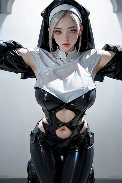 1girl,solo,medium breasts,(thigh gap:1.2),(cowboy shot:1.2),ruanyi020,squatting cowgirl position,black bodysuit,bdsm,nun,capelet...