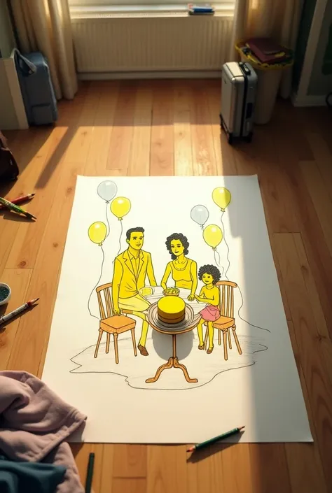  You can create a movie poster ,  it is a film that talks about grief ,  where in the image of you see a sheet of paper on the floor ,  on this sheet a drawing of a family of three , a dad,  a mom and a  with curlers on a table with a yellow cake in the mi...