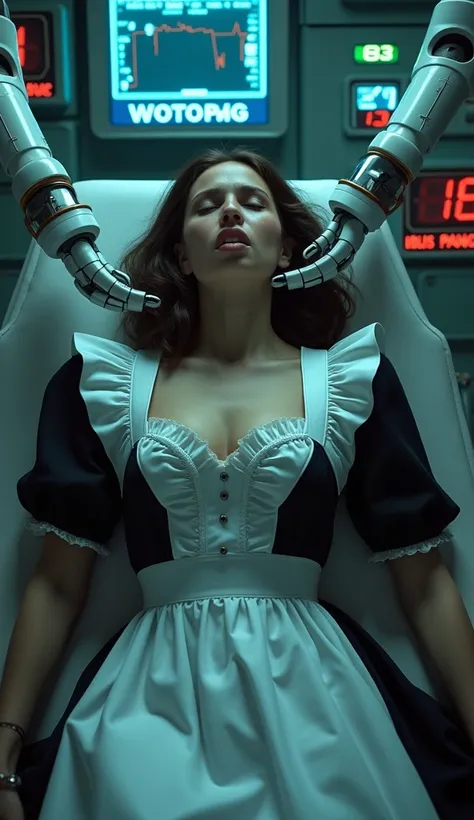 A 22-year-old brunette woman, dressed in a traditional french maid uniform with petticoat skirt, is restrained by robot arms while being subjected to a straightjacket and straps. A hypnosis visor is placed over her eyes, and she cries out for help as shes ...