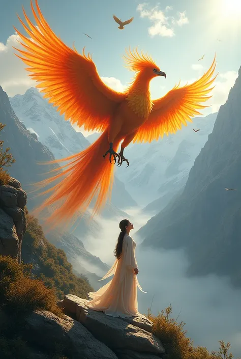 Phoenix and a lady beside in the mountains 