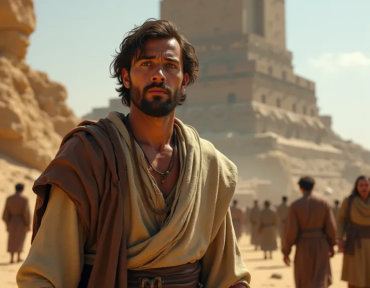 A realistic depiction of a character from the era of the Tower of Babel, wearing ancient, earthy-toned clothing made of linen and leather. He faces the viewer directly with a look of confusion and sadness. His face appears slightly dusty, as if he’s been l...