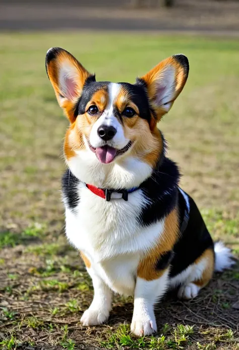 a tricolor Pembroke Corgi with out a tail siting in the park