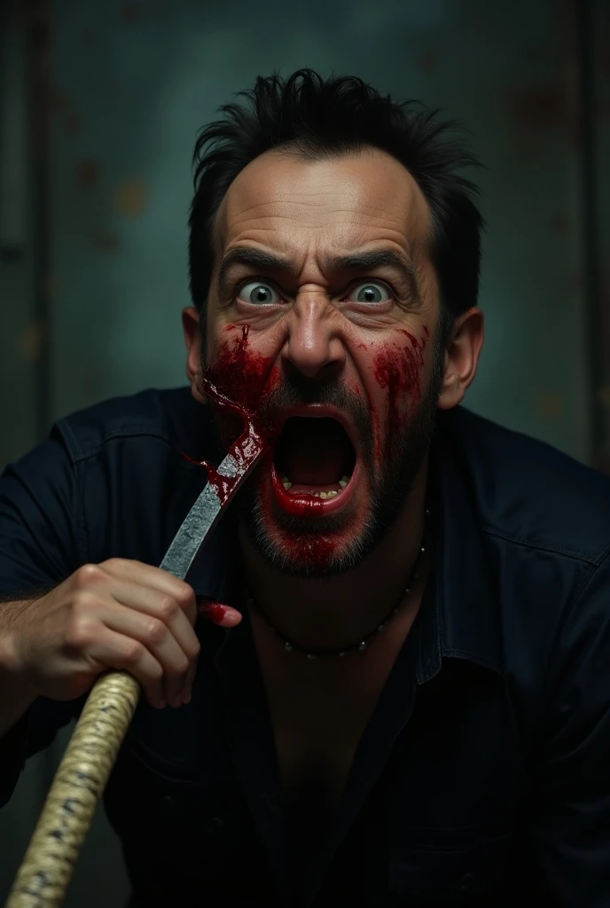 a masterpiece, hyperrealism, highly detailed, cinematic shot, a man having throat slice with katana shown splash of blood, horror, gore elements, 