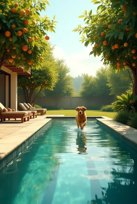 An infinity pool with fruit trees and an adjoining backyard with a golden dog playing