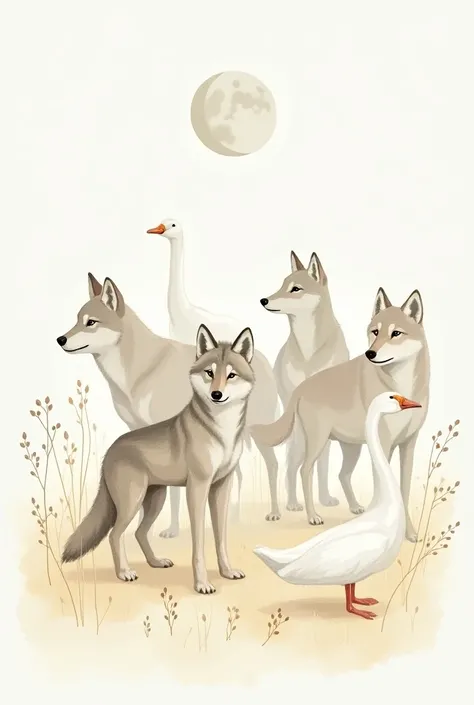 Minimalist watercolor rens drawing of a pack of several wolves with a wolf cub in the foreground, un cygne blanc, une lune en second plan.  Dim light at the end of the day in summer with small liberty flowers and wheat ears